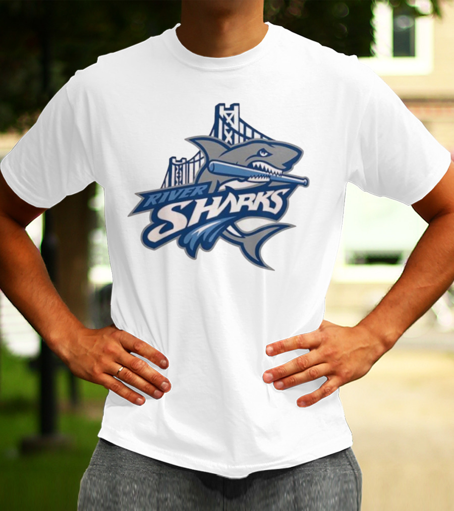 Camden Riversharks Baseball Team River Sharks Text With Shark And Bridge Imagery T-Shirt