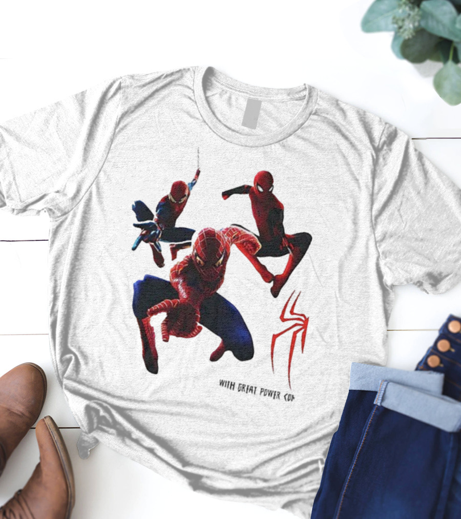Spider Man Daily Bugle With Great Power Comes Great Responsibility Spider Logo Trio Suit Styles T-Shirt