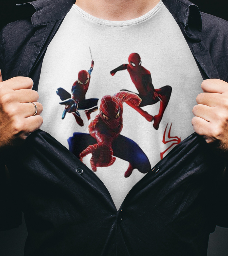 Spider Man Daily Bugle With Great Power Comes Great Responsibility Spider Logo Trio Suit Styles T-Shirt