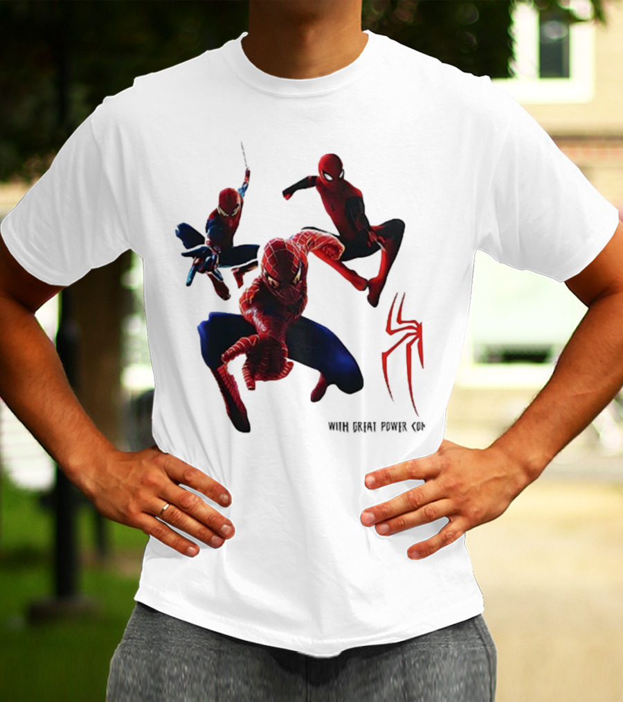 Spider Man Daily Bugle With Great Power Comes Great Responsibility Spider Logo Trio Suit Styles T-Shirt