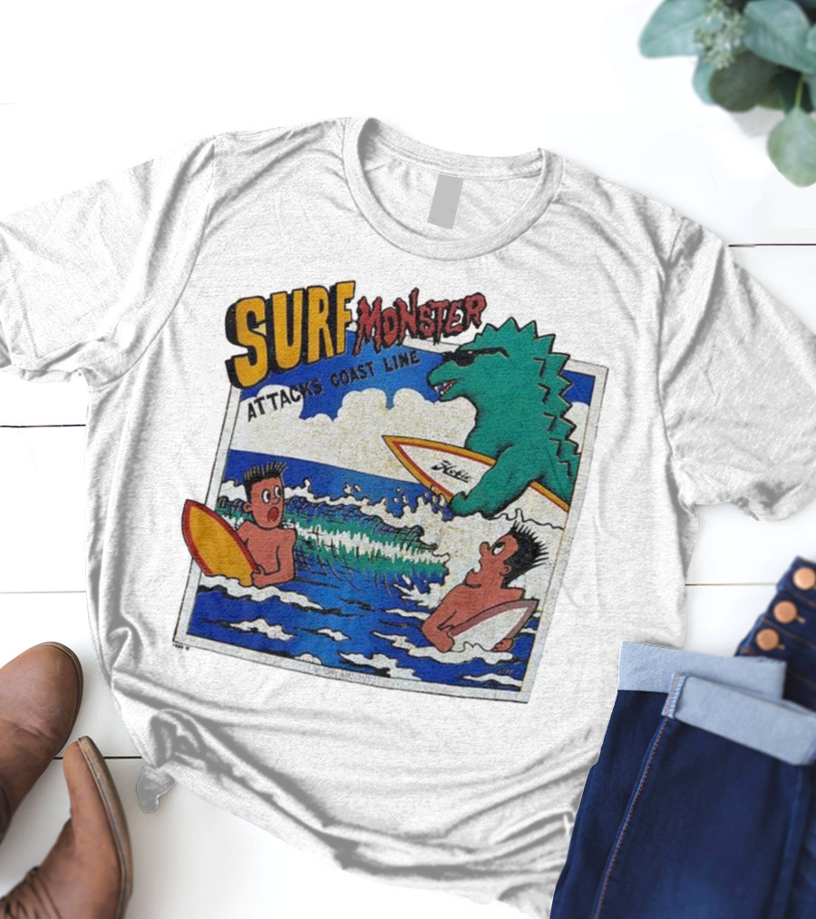 Surf Monster Attacks Coast Line Retro Comic Style Surfing Scene T-Shirt
