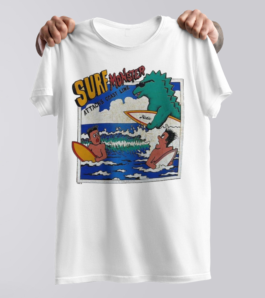 Surf Monster Attacks Coast Line Retro Comic Style Surfing Scene T-Shirt
