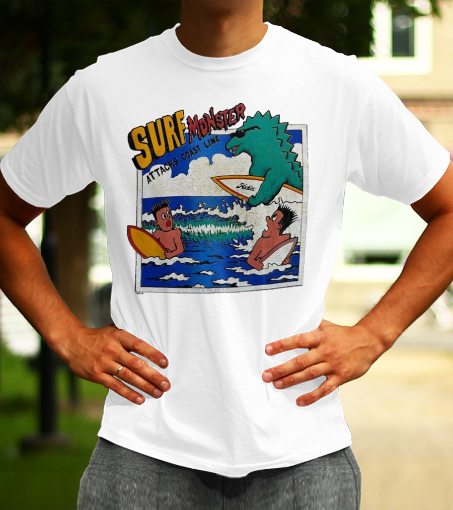 Surf Monster Attacks Coast Line Retro Comic Style Surfing Scene T-Shirt