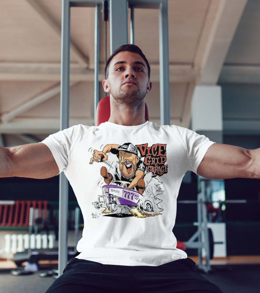 Vice Grip Garage 777 Cartoon Hot Rod Illustration With Bearded Driver And Smoking Tires T-Shirt