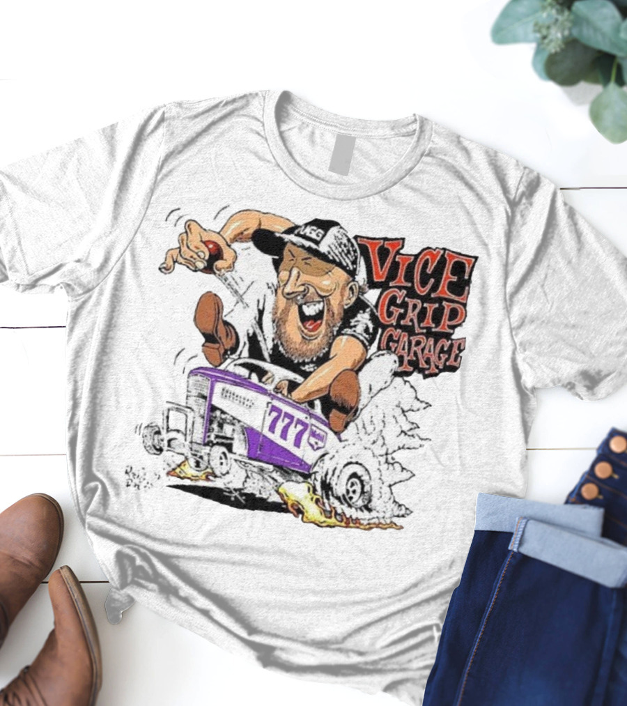 Vice Grip Garage 777 Cartoon Hot Rod Illustration With Bearded Driver And Smoking Tires T-Shirt