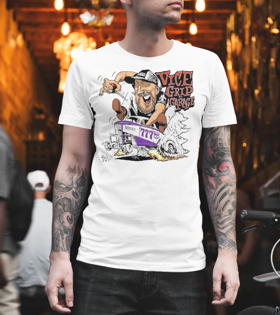 Vice Grip Garage 777 Cartoon Hot Rod Illustration With Bearded Driver And Smoking Tires T-Shirt