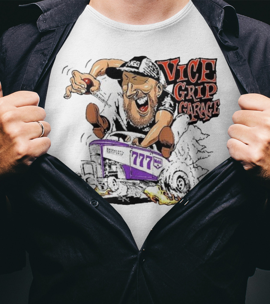 Vice Grip Garage 777 Cartoon Hot Rod Illustration With Bearded Driver And Smoking Tires T-Shirt