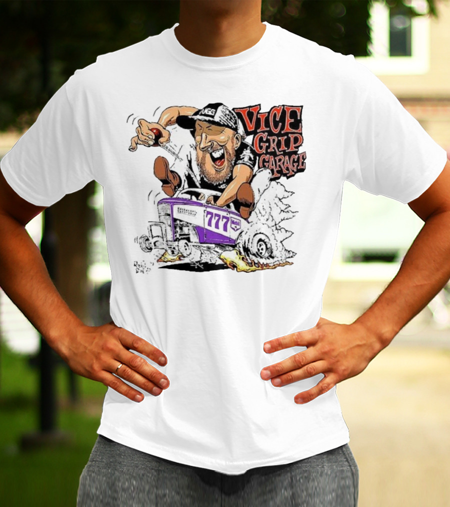 Vice Grip Garage 777 Cartoon Hot Rod Illustration With Bearded Driver And Smoking Tires T-Shirt