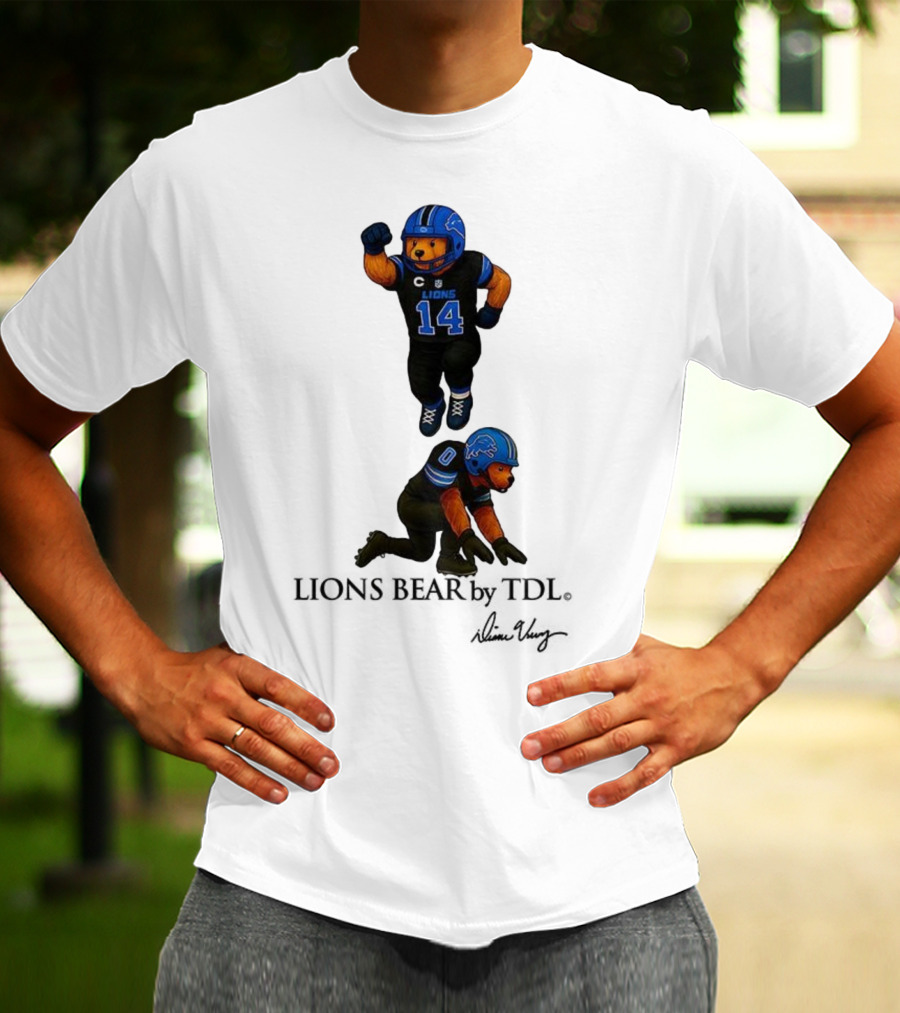 Amon-Ra St. Brown 14 Jahmyr Gibbs 0 Detroit Lions Bear Celebrating Football T-Shirt