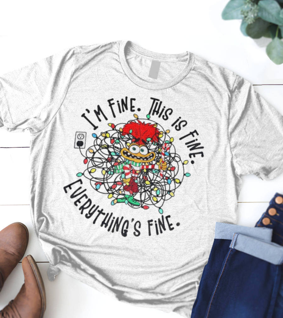 I'm Fine This Is Fine Everything's Fine Anxiety Inside Out 2 Holiday Lights Candy Cane T-Shirt