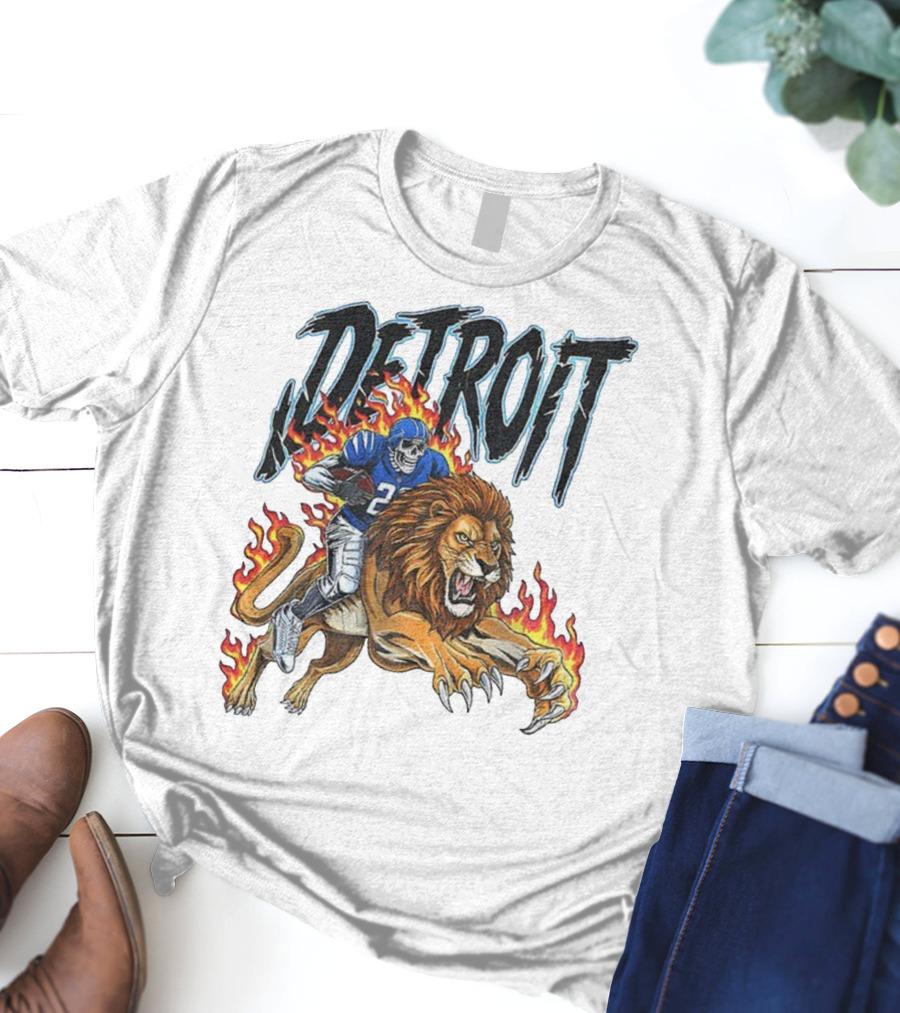 Detroit Lions Vintage Skeleton Riding Flaming Lion Football Game Day T-Shirt