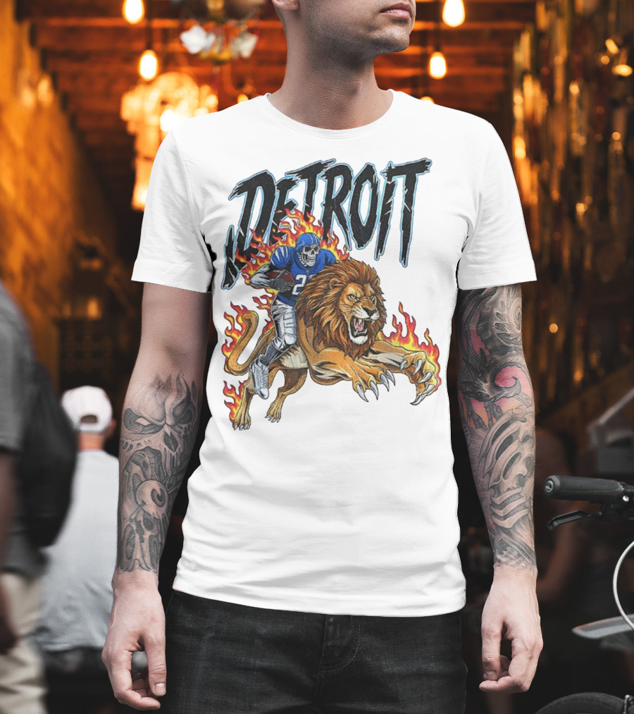 Detroit Lions Vintage Skeleton Riding Flaming Lion Football Game Day T-Shirt