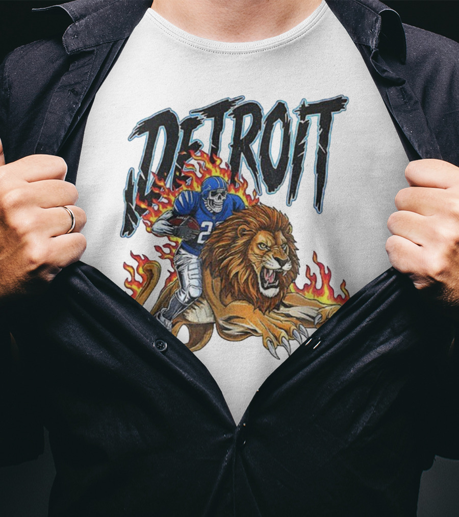 Detroit Lions Vintage Skeleton Riding Flaming Lion Football Game Day T-Shirt