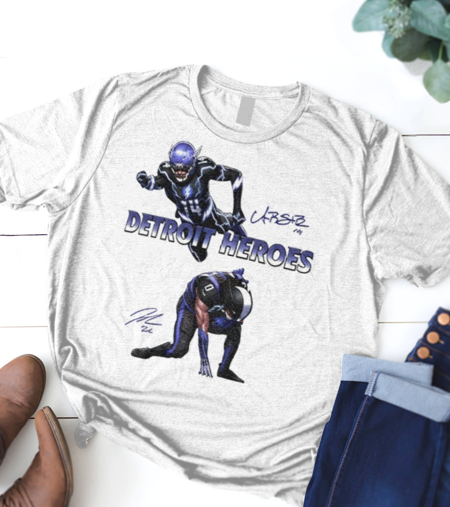 Jahmyr Gibbs Amon Ra St Brown Detroit Heroes 2025 Signature T-Shirt