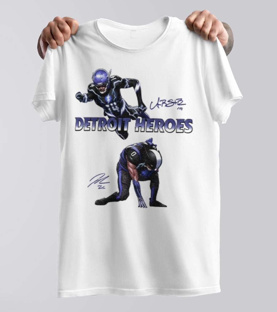 Jahmyr Gibbs Amon Ra St Brown Detroit Heroes 2025 Signature T-Shirt