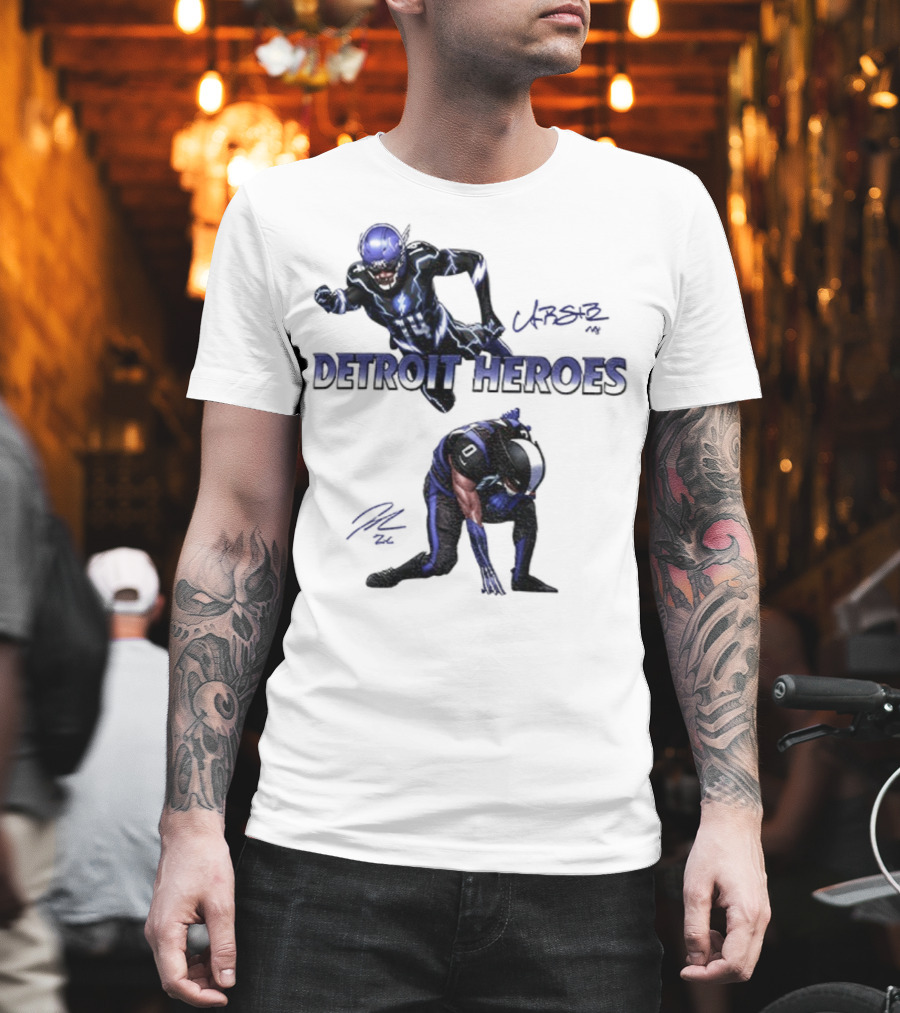 Jahmyr Gibbs Amon Ra St Brown Detroit Heroes 2025 Signature T-Shirt