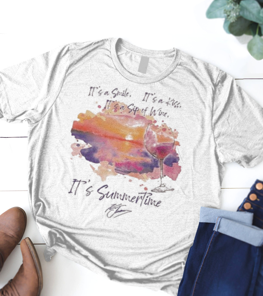 Kenny Chesney It's A Smile It's A Lie It's A Sip Of Wine It's Summertime Flowy Sunset Wine Glass T-Shirt