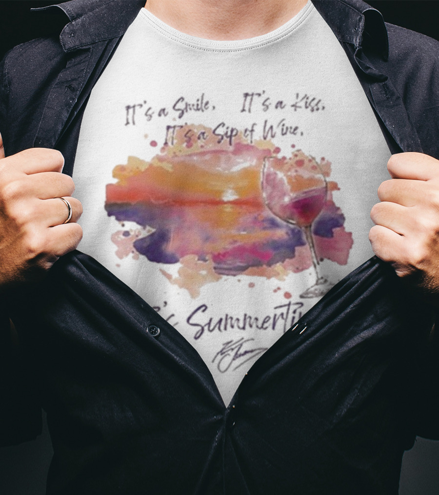 Kenny Chesney It's A Smile It's A Lie It's A Sip Of Wine It's Summertime Flowy Sunset Wine Glass T-Shirt