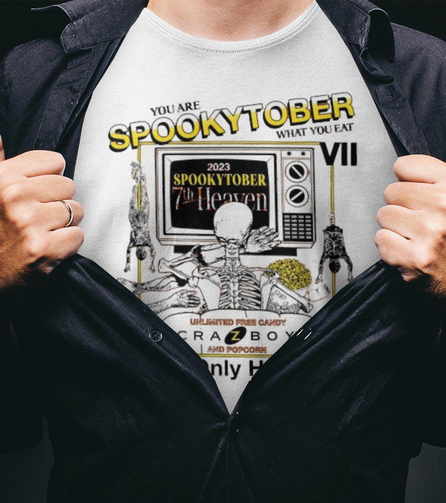 Spookytober 7th Heaven 2023 Unlimited Free Candy Crazboy Popcorn You Are What You Eat I'm Only Human Halloween T-Shirt