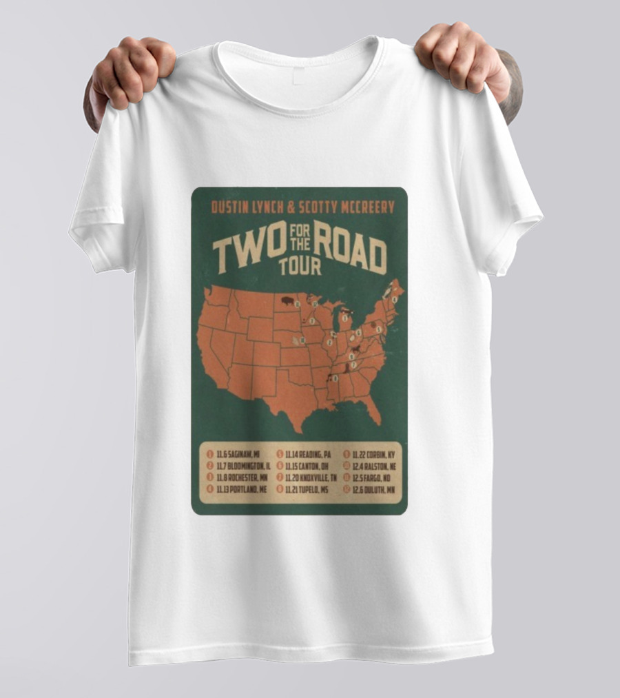 Dustin Lynch Scotty McCreery Two For The Road Tour 2025 US Map And Dates T-Shirt