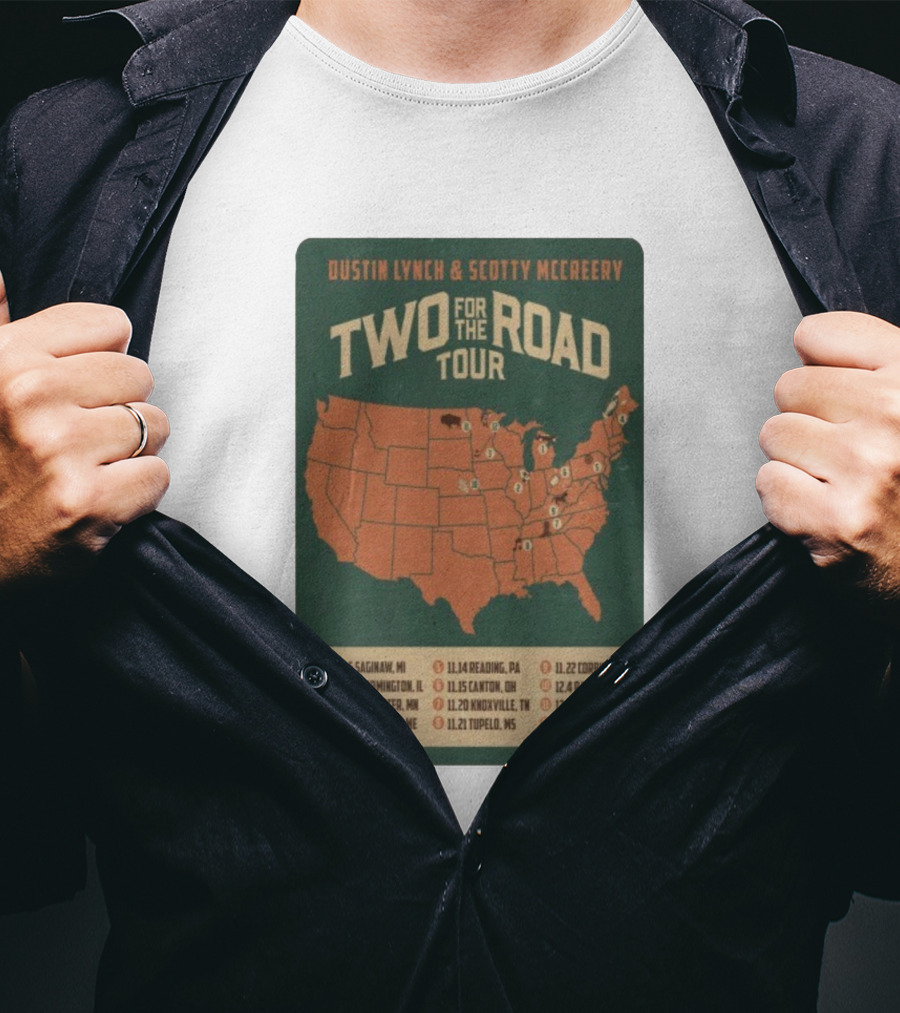 Dustin Lynch Scotty McCreery Two For The Road Tour 2025 US Map And Dates T-Shirt