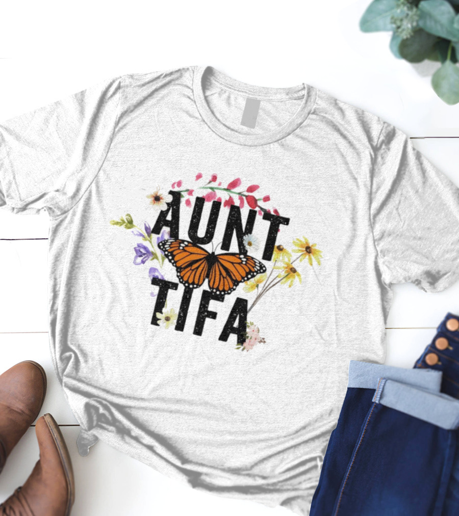 Aunt Tifa Monarch Butterfly Floral Aunties Against Fascists T-Shirt