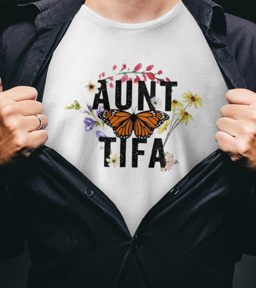 Aunt Tifa Monarch Butterfly Floral Aunties Against Fascists T-Shirt