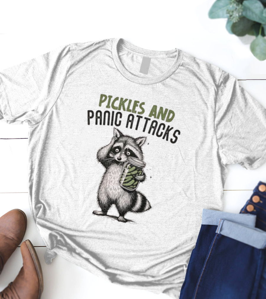 Pickles And Panic Attacks Raccoon Holding Jar Retro Mental Health Awareness T-Shirt