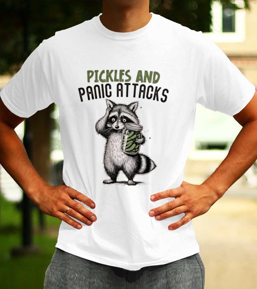 Pickles And Panic Attacks Raccoon Holding Jar Retro Mental Health Awareness T-Shirt