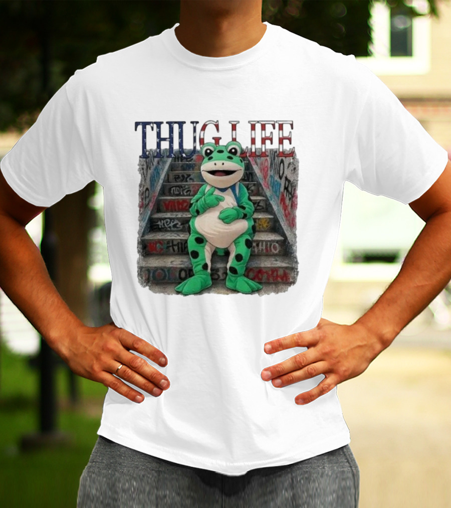 Thug Life Frog Costume Graffiti Stairs Protest Imagery T-Shirt