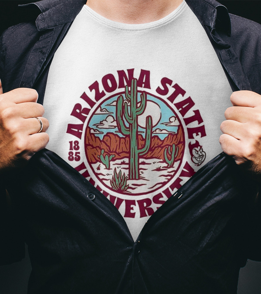 Arizona State University 1885 Desert Cactus Landscape Sun Moon Iconic Symbol T-Shirt