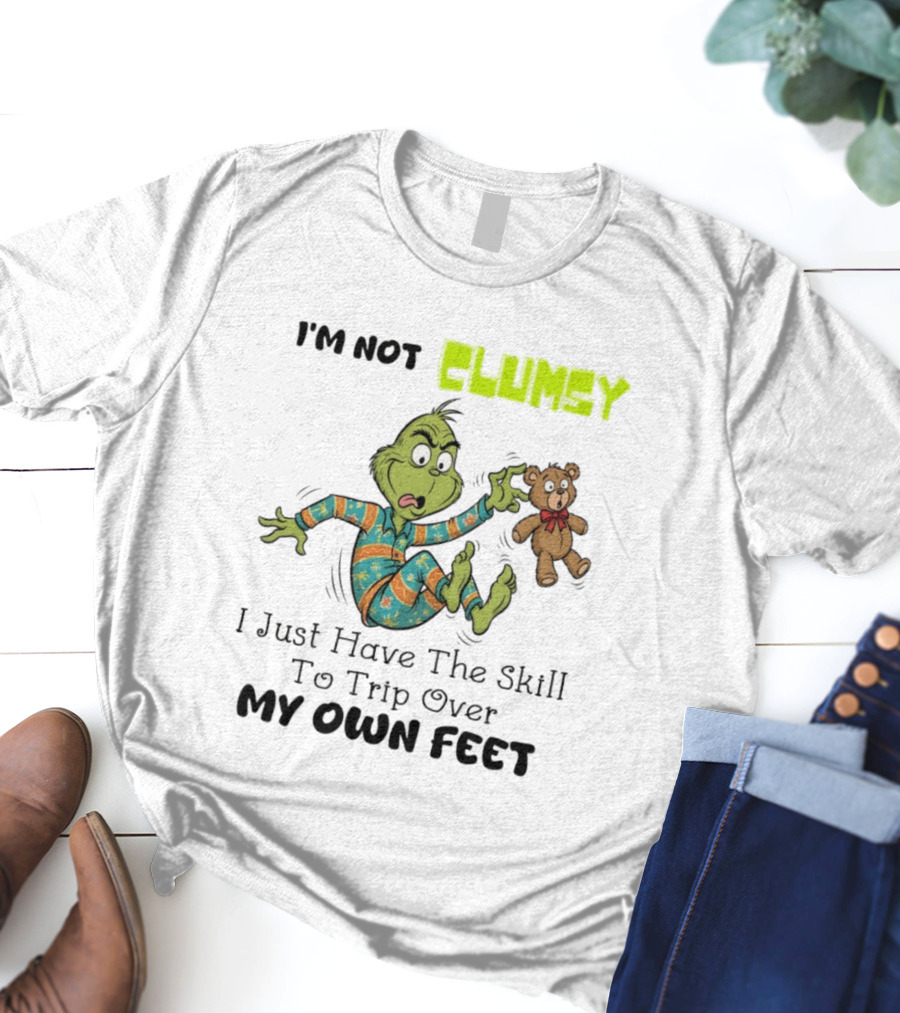 Grinch Clumsy Trip Over My Own Feet Christmas Pajamas Bear T-Shirt