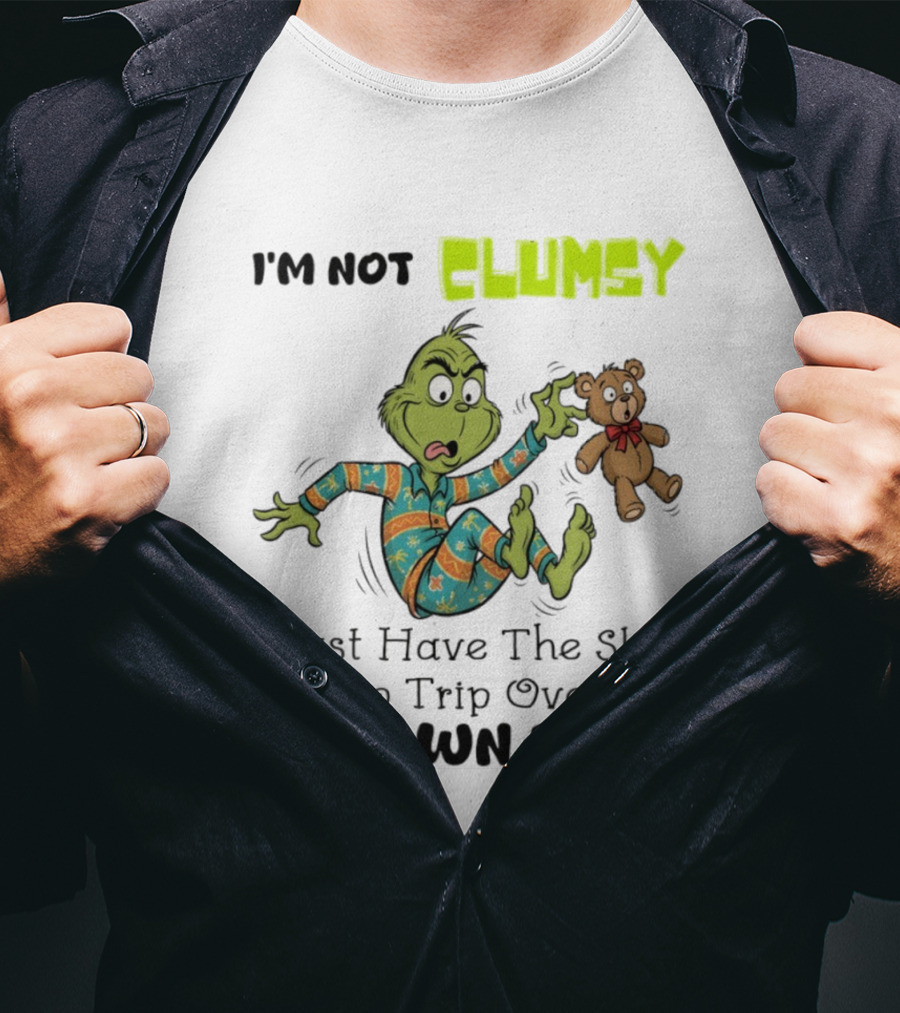 Grinch Clumsy Trip Over My Own Feet Christmas Pajamas Bear T-Shirt
