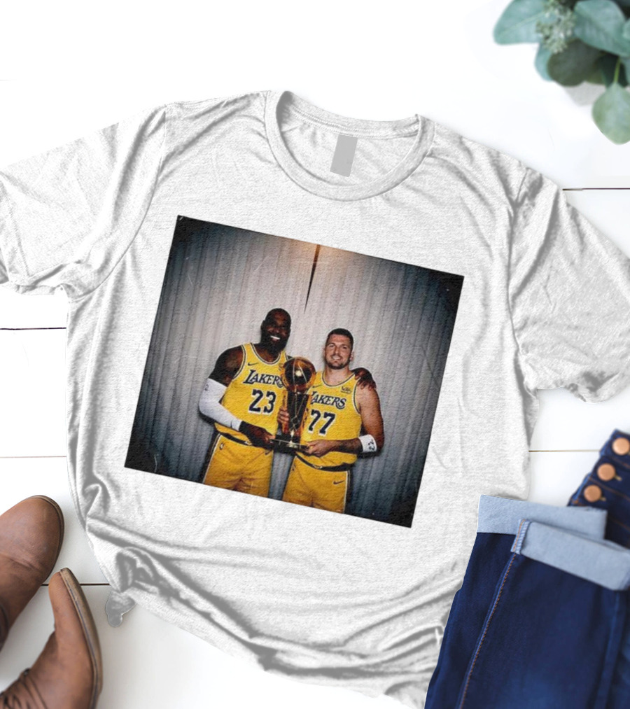 Los Angeles Lakers LeBron James Luka Dončić Holding Trophy June 2026 T-Shirt