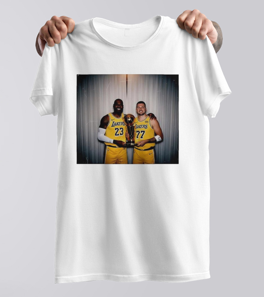Los Angeles Lakers LeBron James Luka Dončić Holding Trophy June 2026 T-Shirt