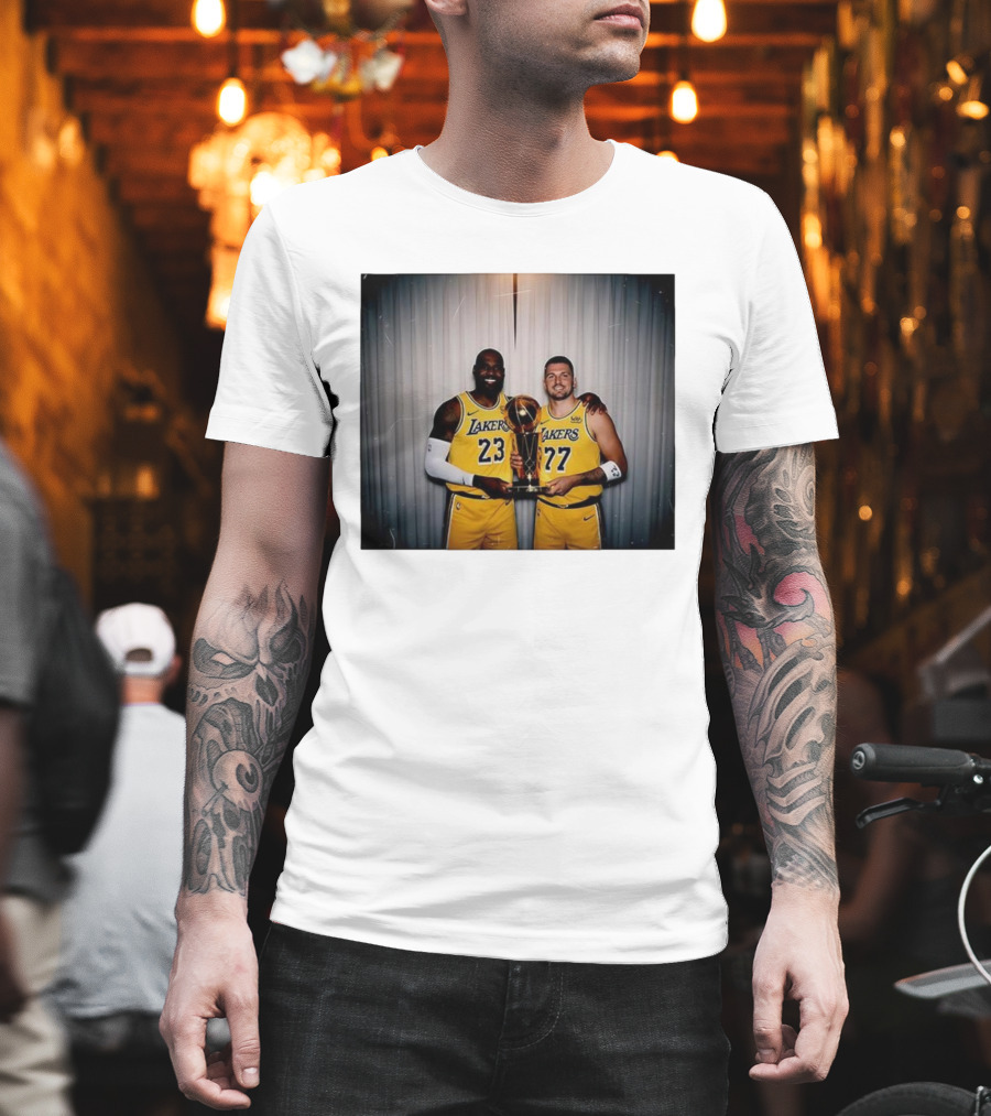 Los Angeles Lakers LeBron James Luka Dončić Holding Trophy June 2026 T-Shirt