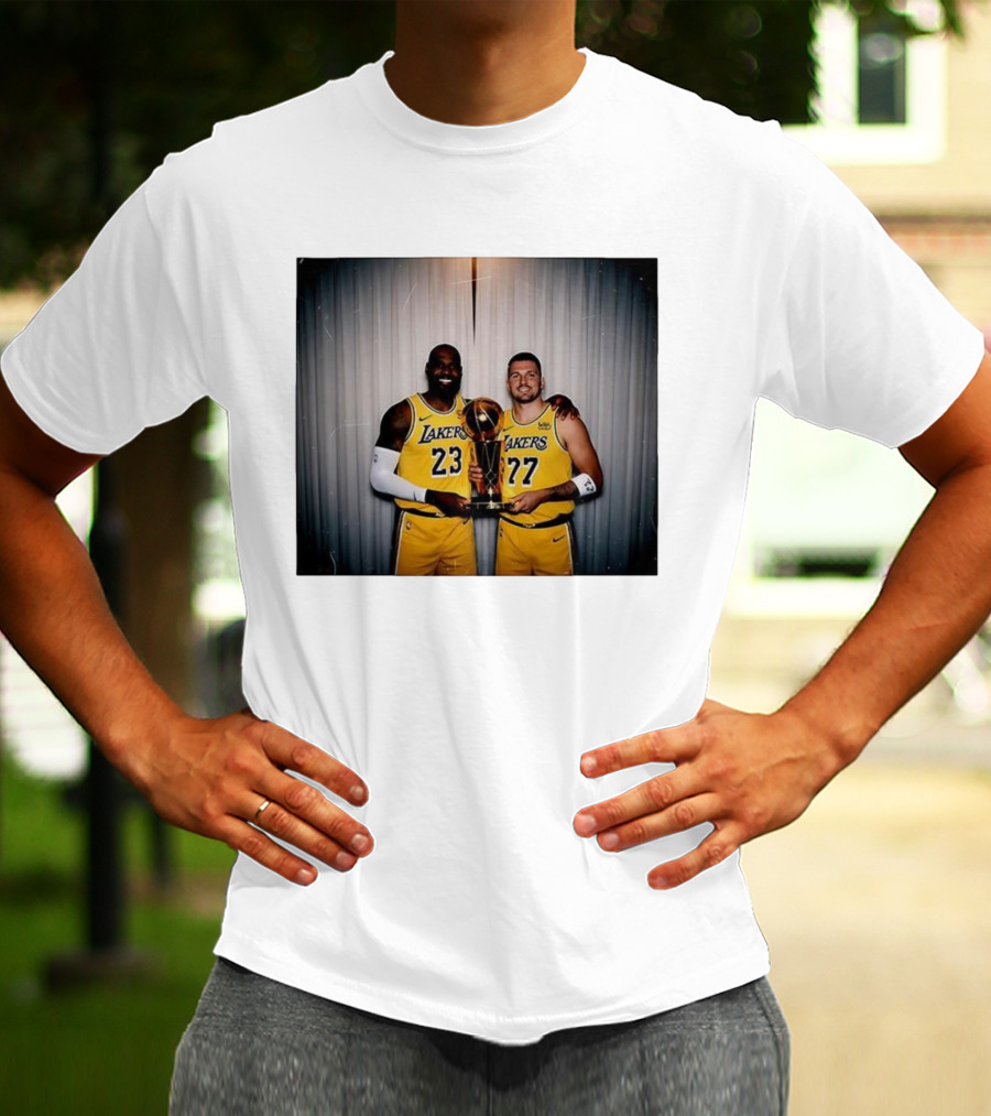 Los Angeles Lakers LeBron James Luka Dončić Holding Trophy June 2026 T-Shirt