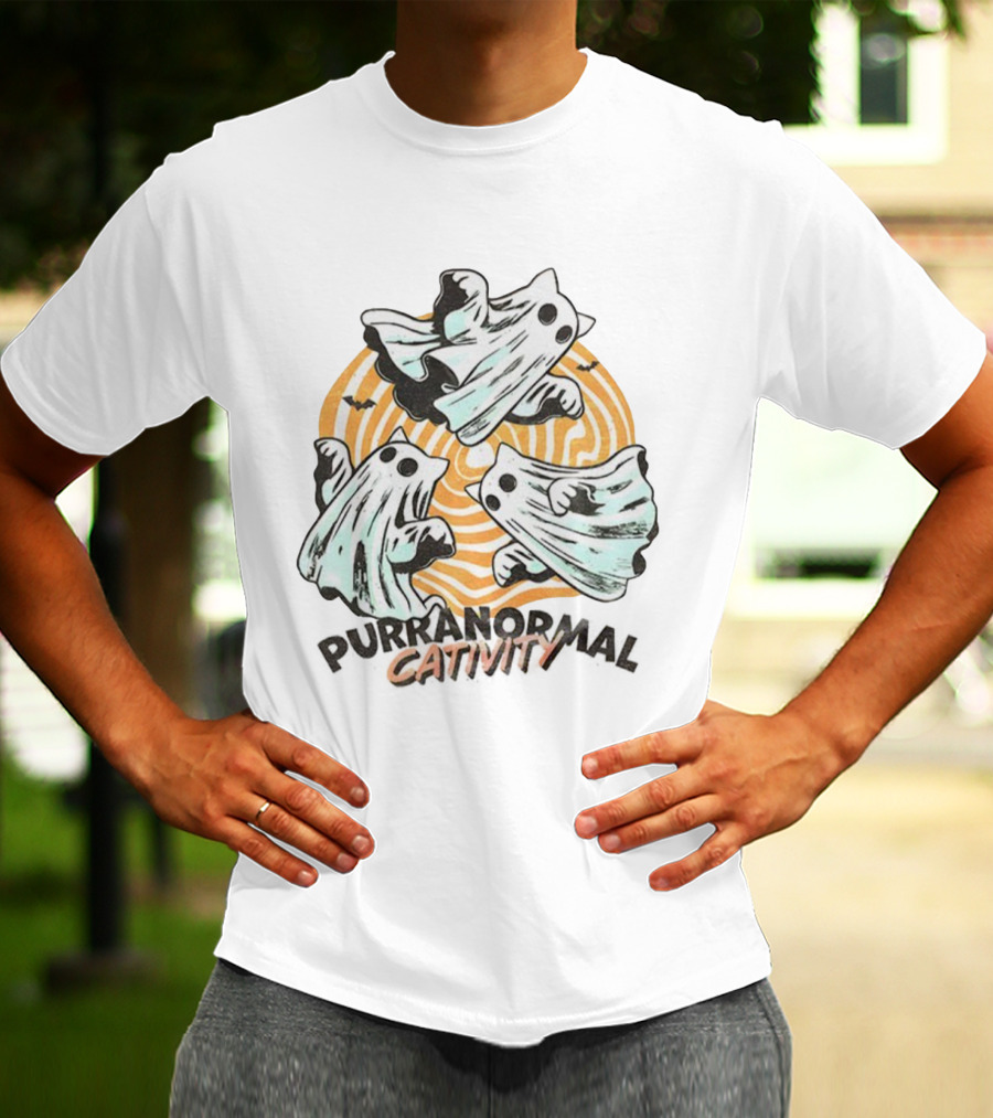 Purranormal Cativity Ghost Cat Halloween Bats Swirl Maze T-Shirt