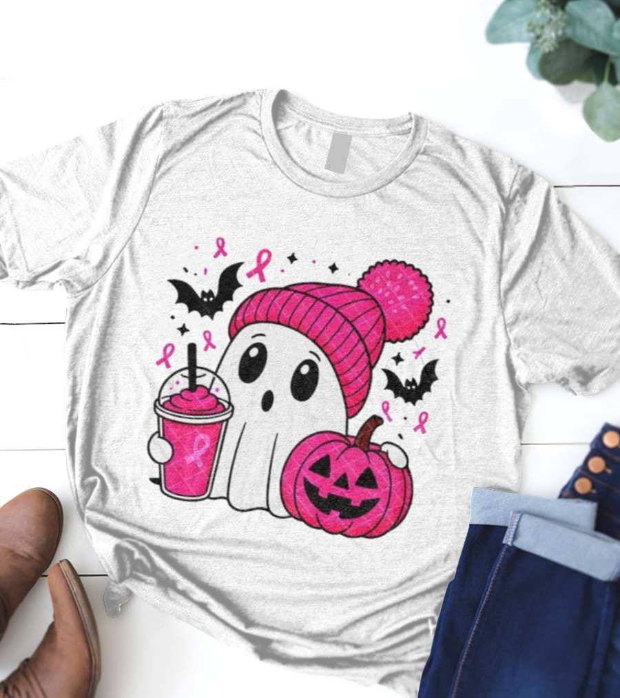 Spooky Ghost Pink Pumpkin Breast Cancer Awareness With Ribbon In October We Wear Pink T-Shirt