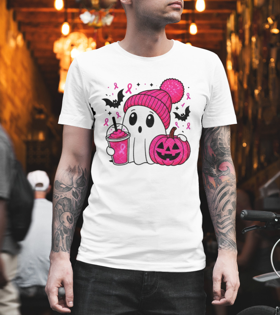 Spooky Ghost Pink Pumpkin Breast Cancer Awareness With Ribbon In October We Wear Pink T-Shirt