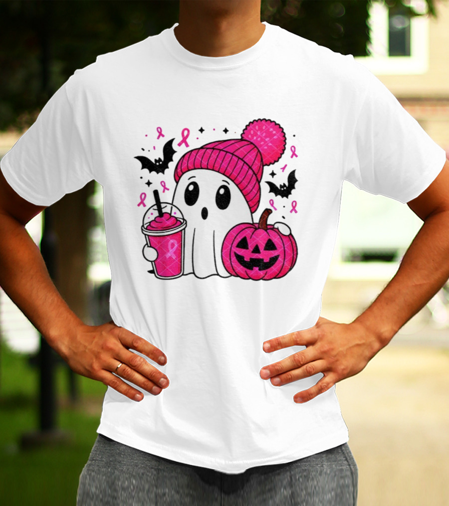 Spooky Ghost Pink Pumpkin Breast Cancer Awareness With Ribbon In October We Wear Pink T-Shirt