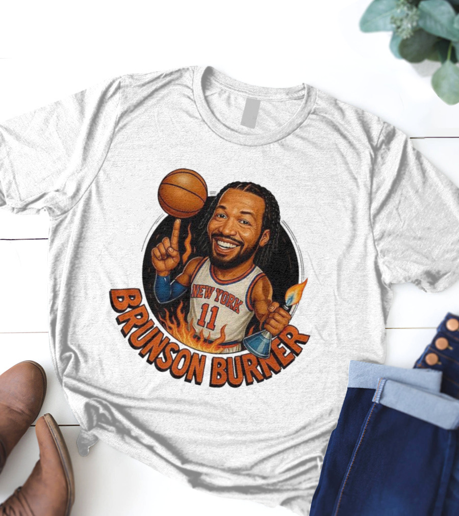 New York Knicks Brunson Burner Cartoon With Basketball And Flames T-Shirt