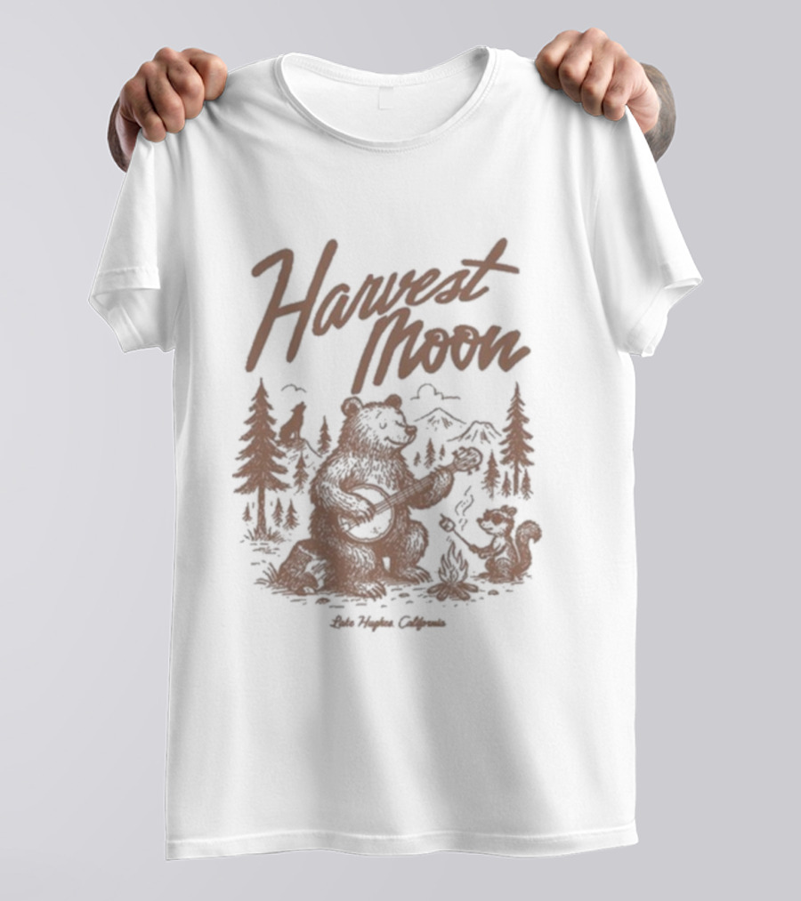 Harvest Moon Lake Hughes California Bear Forest Illustration T-Shirt