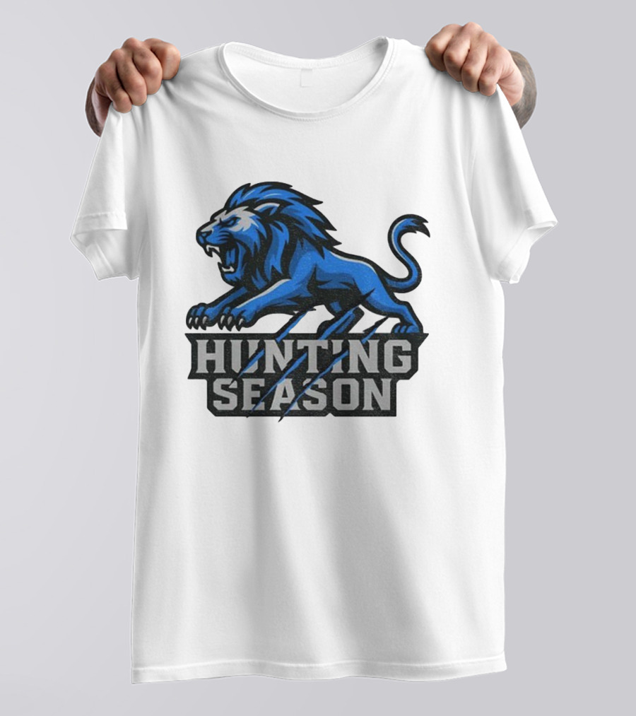Detroit Lions Hunting Season Roaring Blue Lion NFL Fan Gear T-Shirt