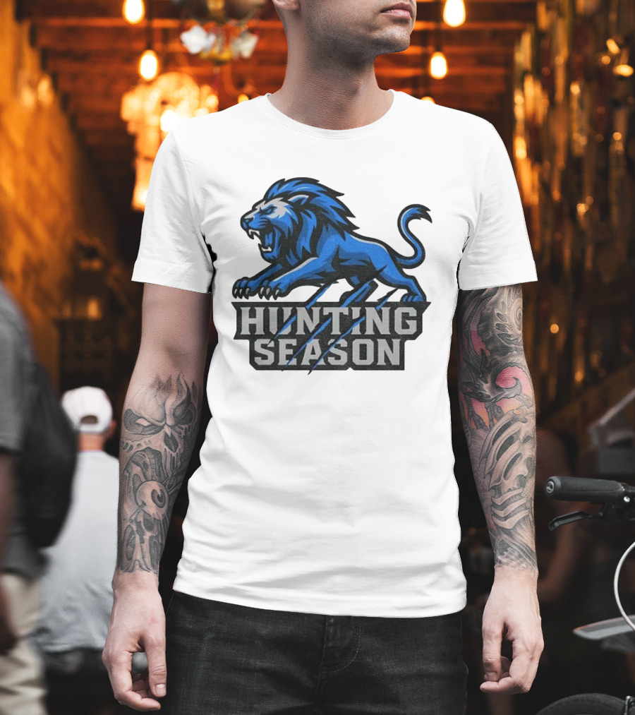 Detroit Lions Hunting Season Roaring Blue Lion NFL Fan Gear T-Shirt