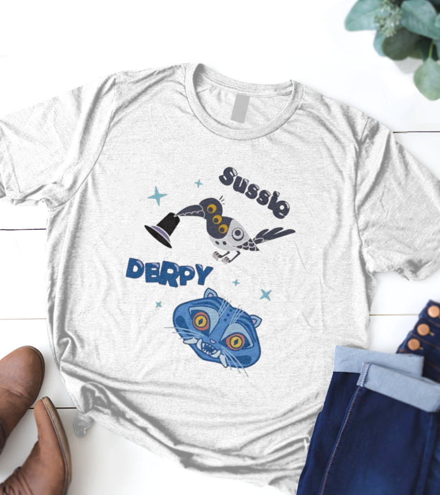 Sussie Derpy Cartoon Bird And Tiger Characters With Stars KPop Demon Hunters T-Shirt