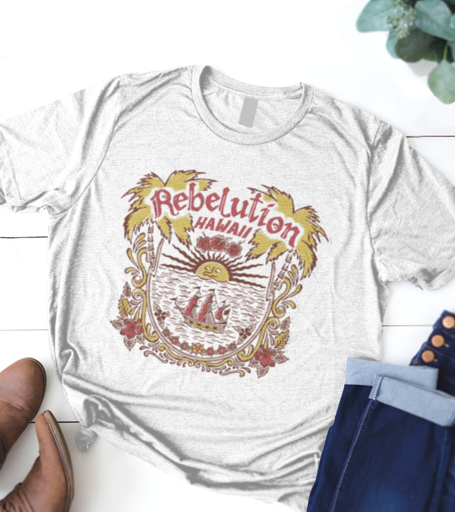 Rebelution Hawaii Tropical Sun And Sailboat Scene T-Shirt