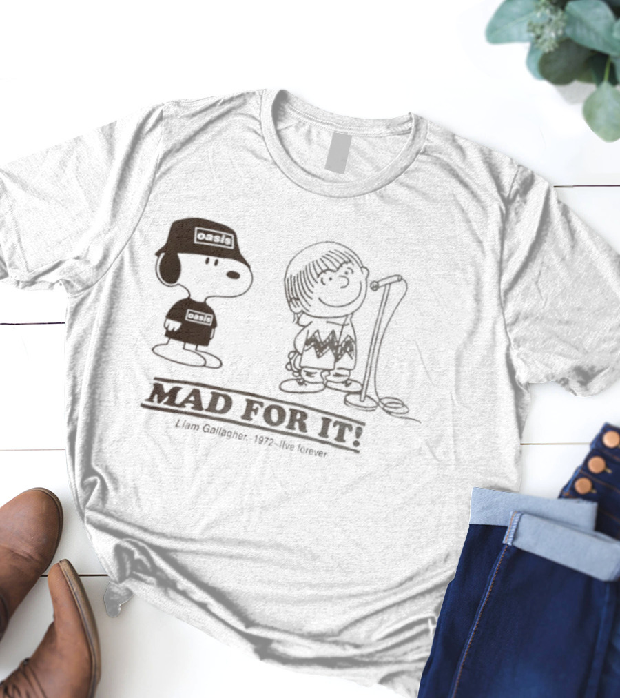 Oasis Snoopy Charlie Brown Mad For It Liam Gallagher Live Forever 1978 T-Shirt