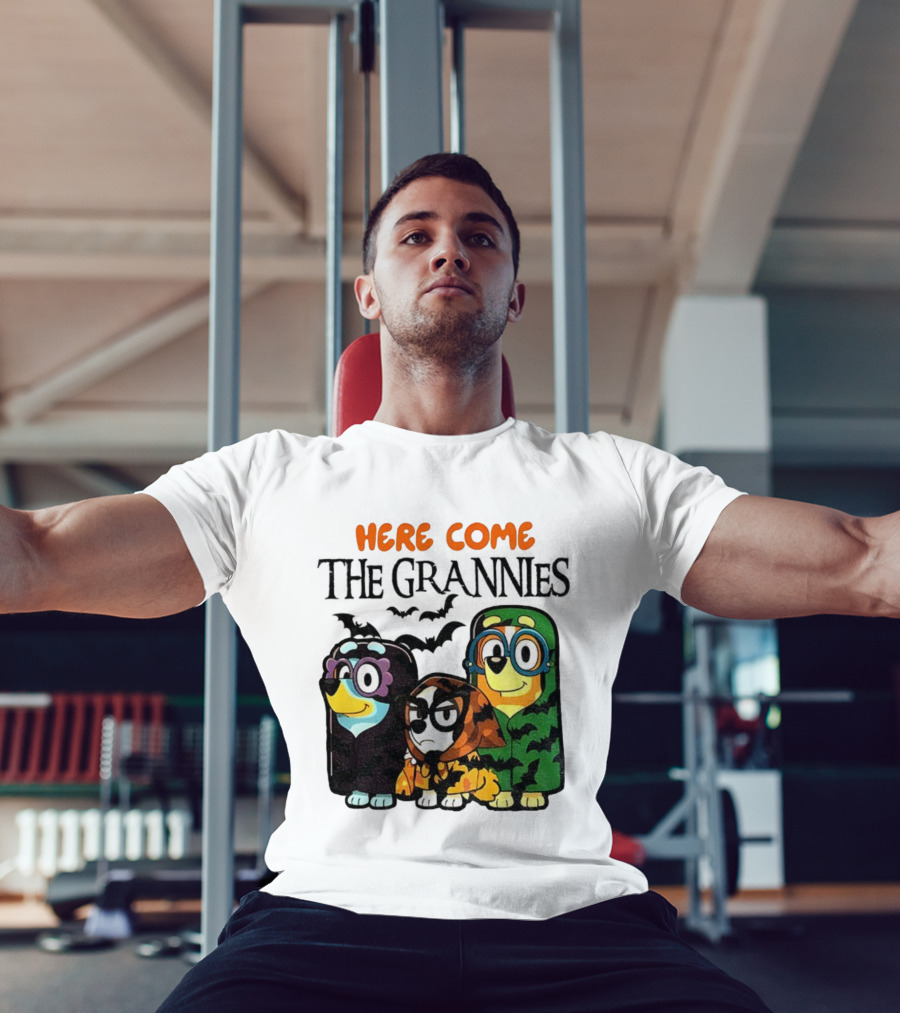 Here Come The Grannies Halloween Blue Dog Characters In Costumes T-Shirt