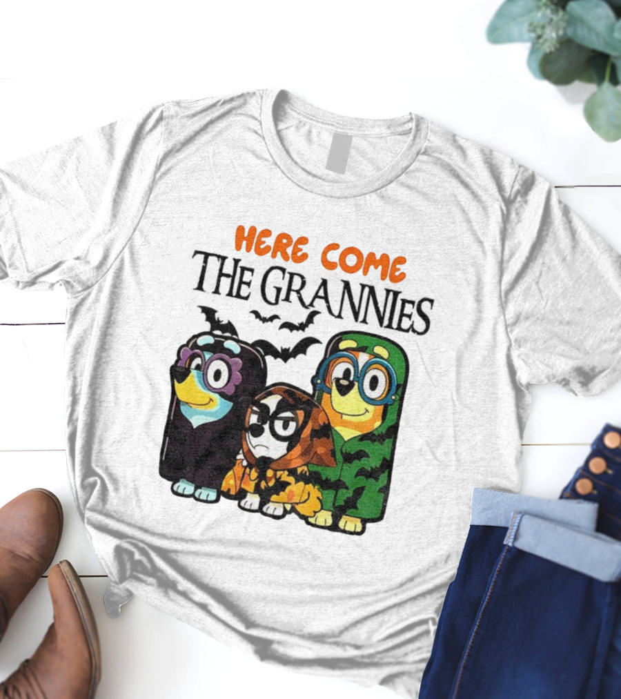 Here Come The Grannies Halloween Blue Dog Characters In Costumes T-Shirt